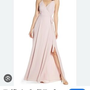 Wayf Angelina Wrap gown, Nude Maxi Dress with Slit and Spaghetti Straps